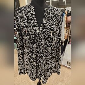 INC Black and White Paisley Long Sleeve Blouse, Size L